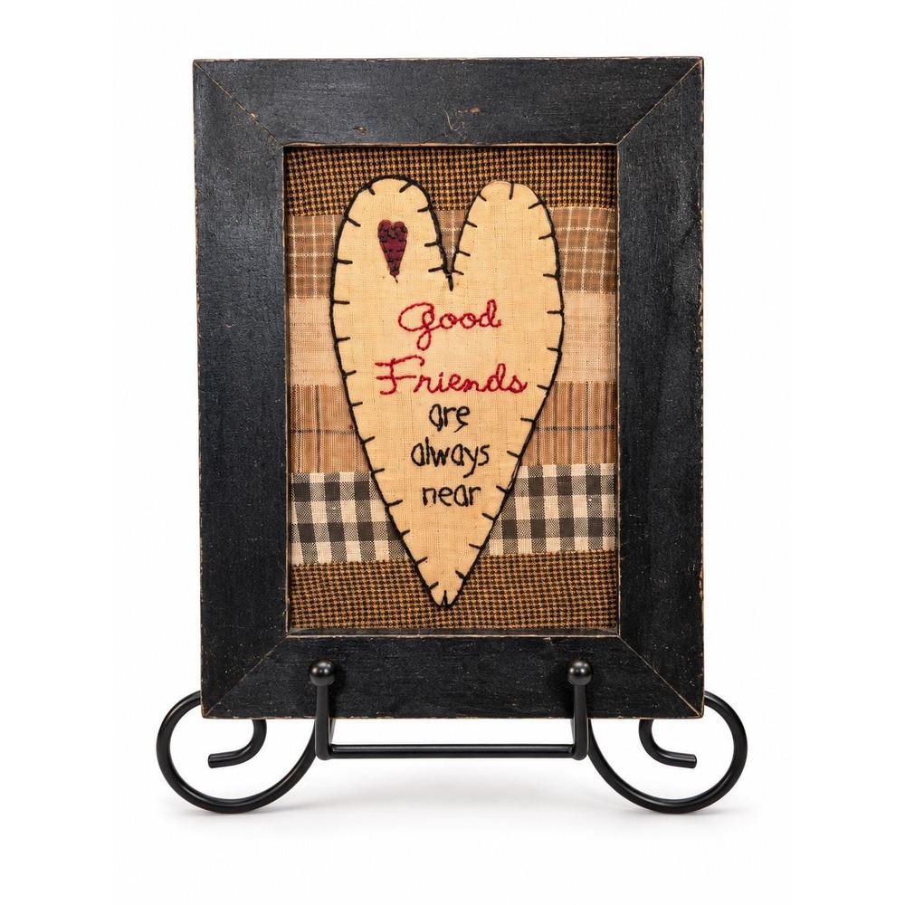 Primitive Country Folk Art Friendship Stitchery Framed Heart Wall Decor 6x8